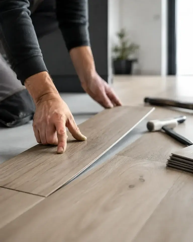 Vakman legt zorgvuldig een houtlook PVC vloer in een moderne woning Title: Praktisch vloeronderhoud in huis