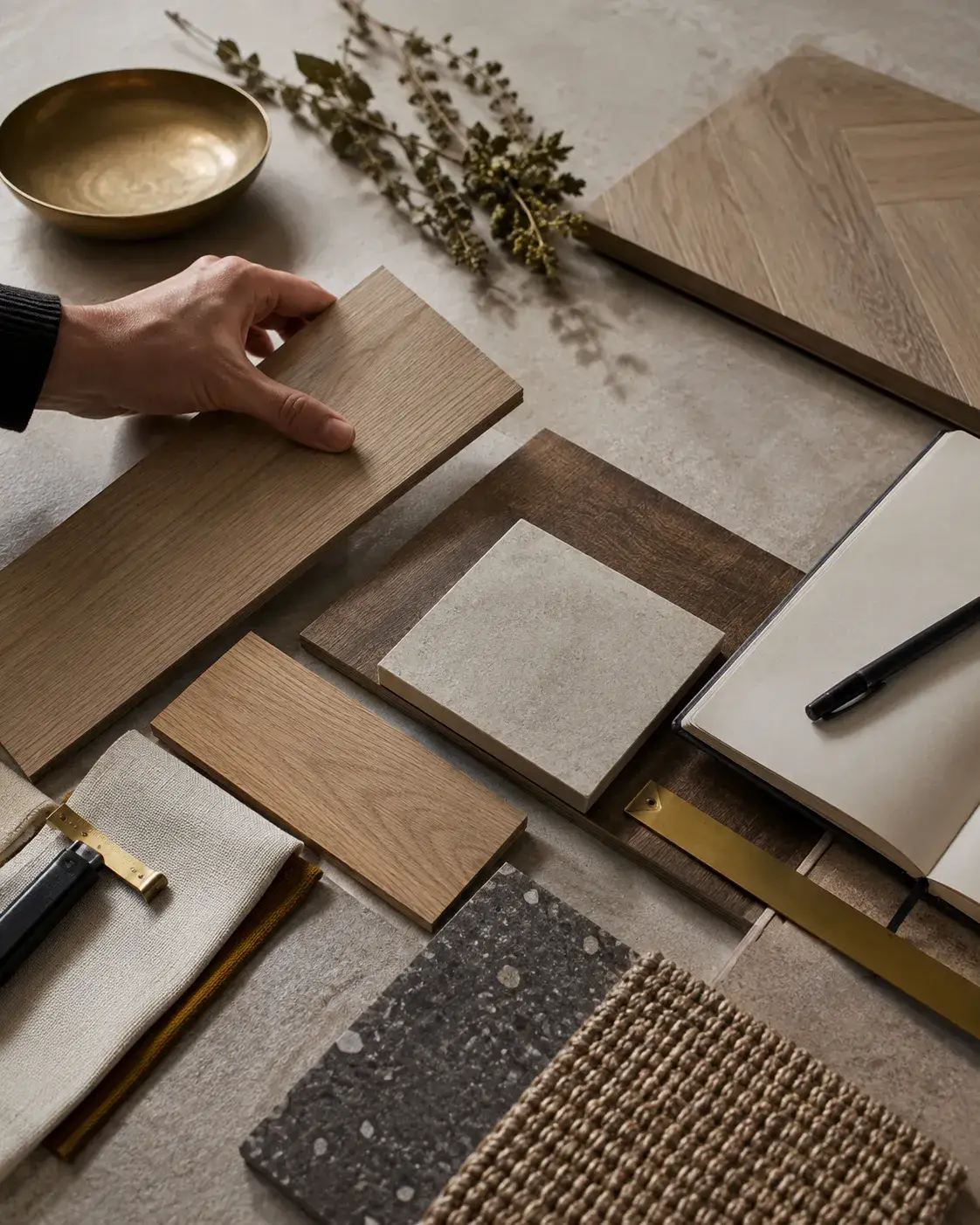 Selectie van vloerplanken, materiaalstalen en interieurmaterialen voor vloeradvies en inspiratie