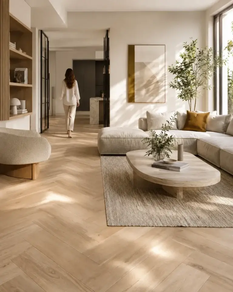 Moderne woonkamer met lichte visgraatvloer, natuurlijke materialen en warme interieuraccenten