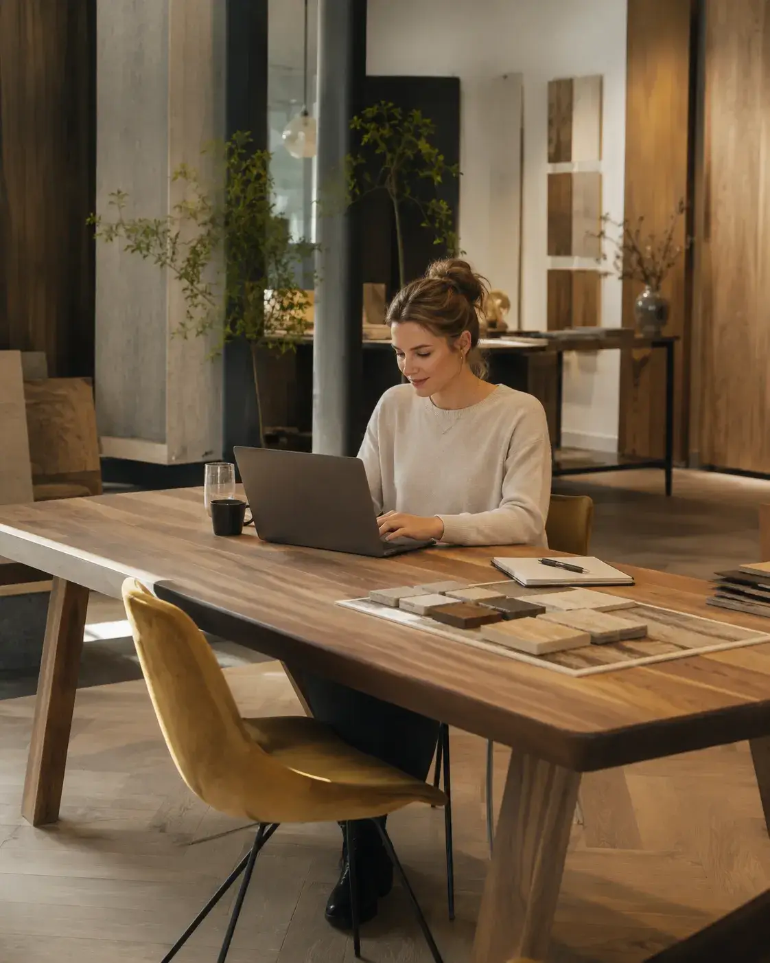 Vrouw werkt aan een laptop in een stijlvolle showroom met vloerstaaltjes en warme houten accenten