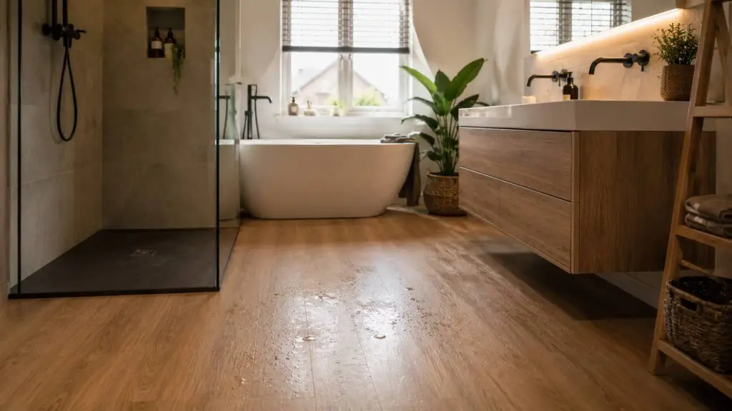 Pvc vloer badkamer met waterbestendige afwerking rond bad en wastafel