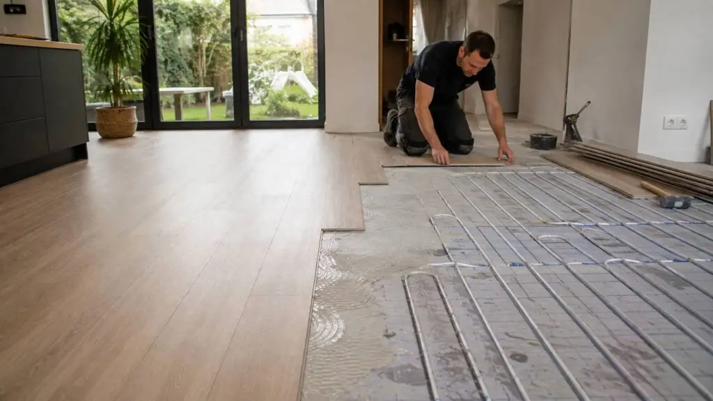 Pvc vloer met vloerverwarming boven een professioneel aangelegd verwarmingssysteem