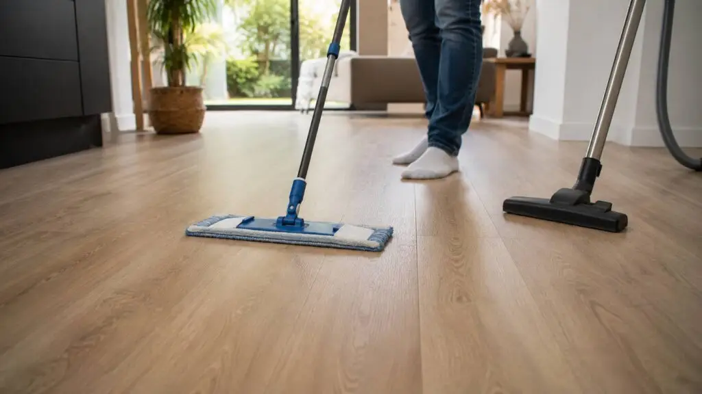 Pvc vloer onderhoud met een licht vochtige microvezeldweil