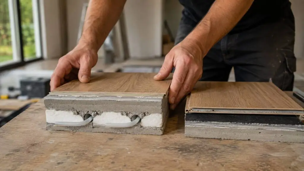 Opbouw van een pvc vloer met vloerverwarming en verschillende vloerlagen