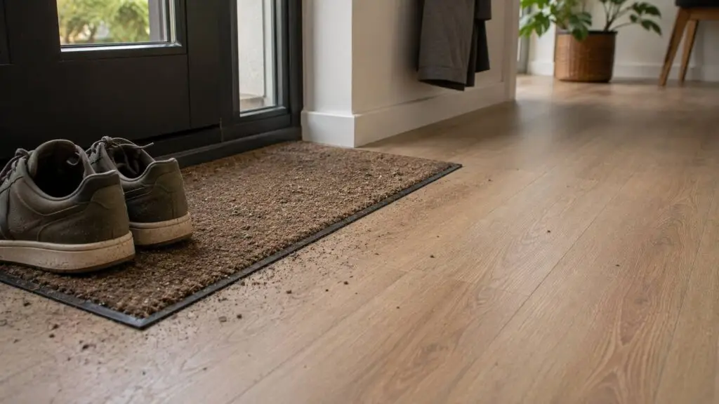 Zand en vuil bij de entree verwijderen om krassen op een pvc vloer te voorkomen